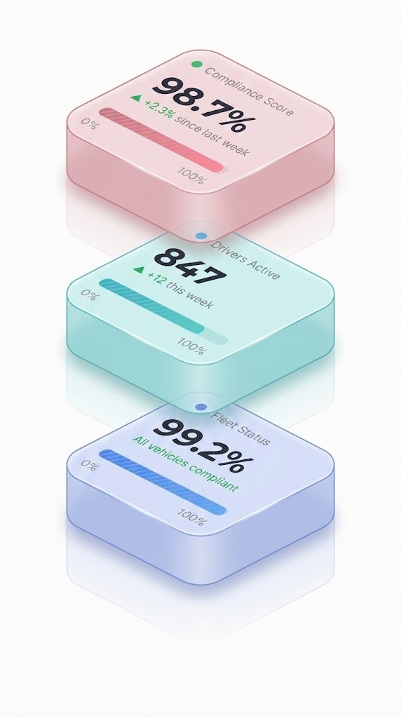 Zerity dashboard showing compliance score, active drivers, and fleet status